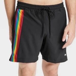 HUMANKIND Pride Rainbow Stripe Swim Board Shorts Black Size Large Sporty Beach
